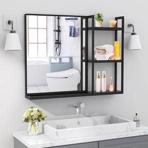 Bathroom Mirror with Shelf for Wall, 31 x 24.4 Inch Modern Rectangle Wall Mirror for Bathroom, Black Metal Framed Bathroom Vanity for Over Sink, Entrance Bathroom Mirror with Shelf for Wall, 31 x 24.4 Inch Modern Rectangle Wall Mirror for Bathroom, Black Metal Framed Bathroom Vanity for Over Sink, Entrance