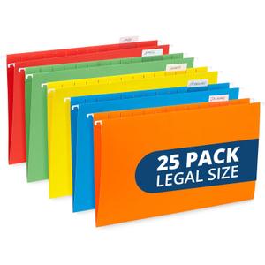 Blue Summit Legal Size Hanging File Folders, 25 Reinforced Hanging Files in Assorted Colors, Designed for Home and Office Color Coded File Organization, 25 per Box