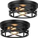 2-Light Flush Mount Ceiling Light Fixtures, 2-Pack Farmhouse Black Ceiling Lights, Industrial Metal Cage Light Fixtures Ceiling Mounted with Adjustable Head, Ceiling Lights for Bedroom Hallway Kitchen