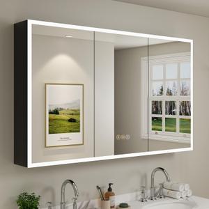 Buruis 60 x 32 Inch Medicine Cabinet with LED Lights and Mirror, Recessed/Wall Mounted Bathroom Cabinet, 3-Color Light, Defogger, Memory Function, Outlet & USB, Dimmer, Black