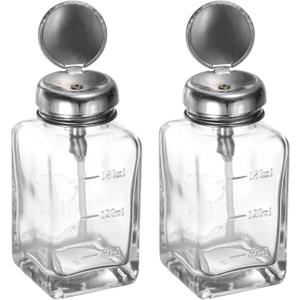 HARFINGTON 2PCS 6Oz / 180ML Glass Pump Dispenser Bottle Square Clear Liquid Pumping Press Push Down Alcohol Container with Metal Flip Cover for Makeup Remover