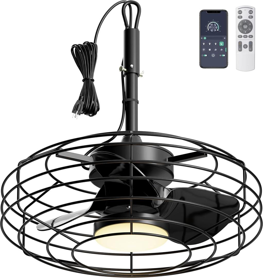 Coolbull Outdoor Ceiling Fans with Light for Patios, 20'' Wet Rated Gazebo Fan Remote&APP Control, Dimmable Hanging Fan with Plug in Cord for Pergola, Black