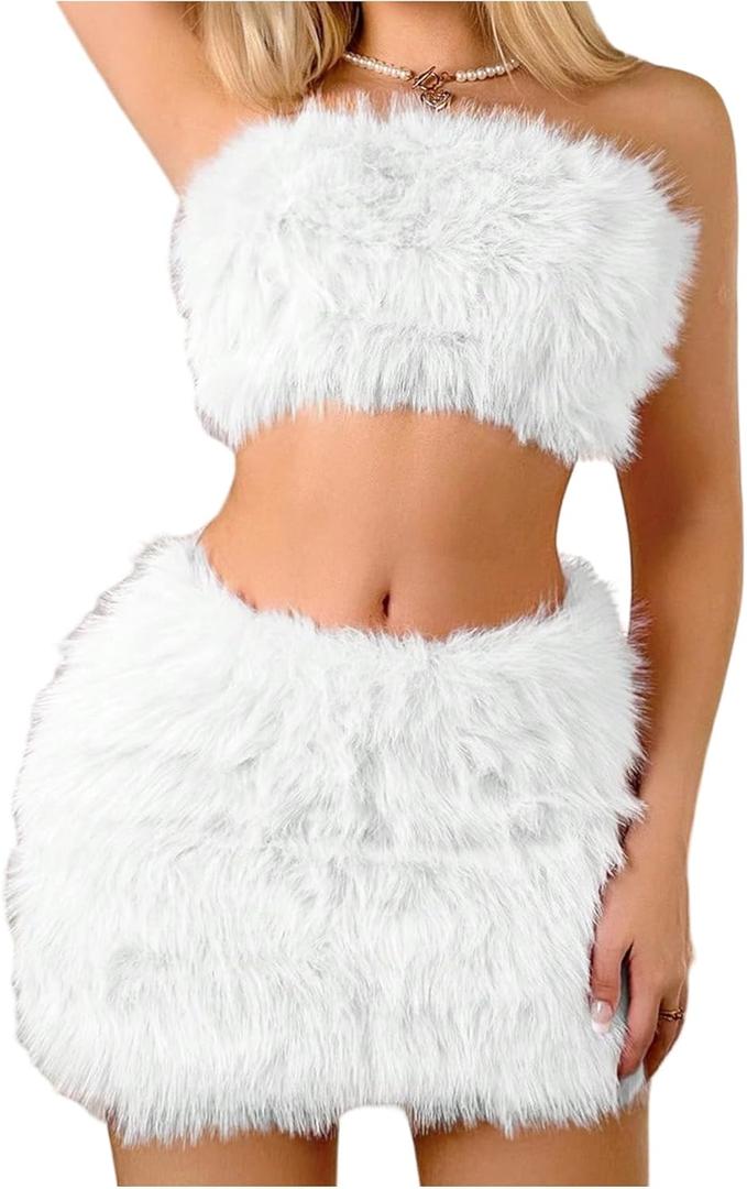 WDIRARA Women's Fuzzy 2 Piece Outfits Bandeau Crop Top Bodycon Mini Skirt Set Party Club Outfits (Large, White)