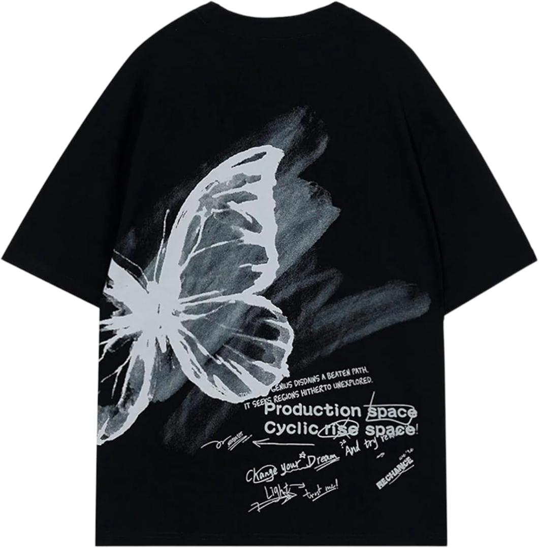Vamtac Butterfly Graphic Tees Men Y2K Oversized Vintage T Shirts Loose Streetwear Short Sleeves Summer Tops (Small, Black)