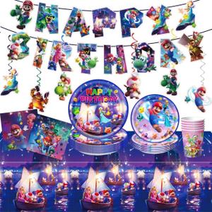 88PCS For Latest Mario Party Supplies: 6 Hanging Swirls, 20 Napkins, 20 Cups, 20 Plates 9 inch 20 Plates 7 inch, 1 Banner, 1 Tablecloth for Mario Birthday Party Decorations