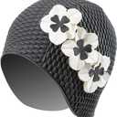 Sporti Bubble Swim Cap, Women Protection Bathing Cap, Anti-Slip Interior Grip, Made from Latex/Rubber & Keep Head Warm (Black/Ivory Flowers)