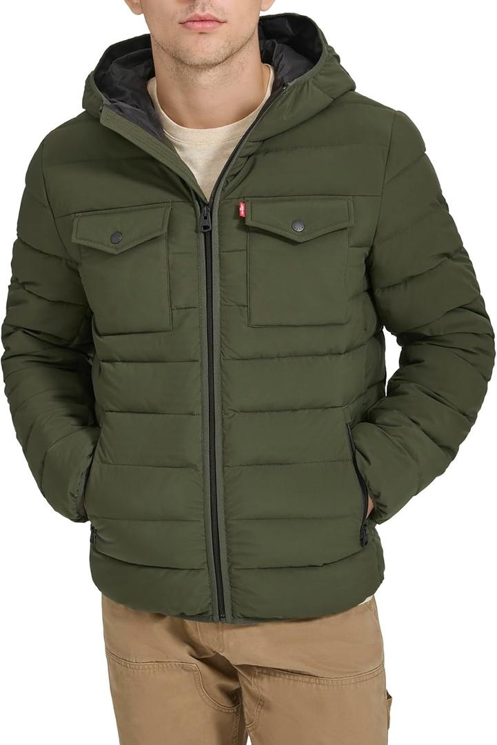 Levi's mens Water Resistant Performance Stretch Hooded Puffer Jacket (Large, Olive)