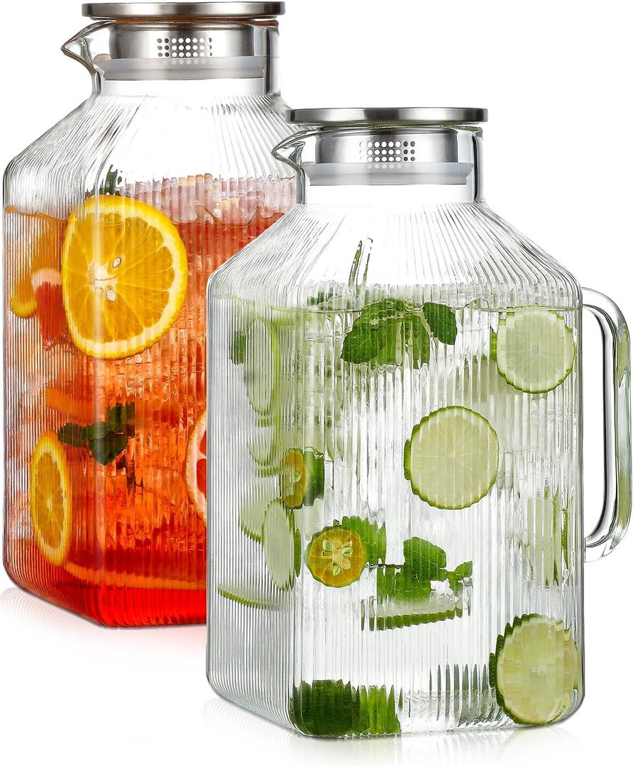 2 Pack 1 Gallon thickened Square Glass Pitcher with Lid, Classic Stripes Water Pitchers for Fridge, Borosilicate Glass Carafe for Hot/Cold Brew Drink, Extra Large Jug with Handle for Iced Tea, Coffee