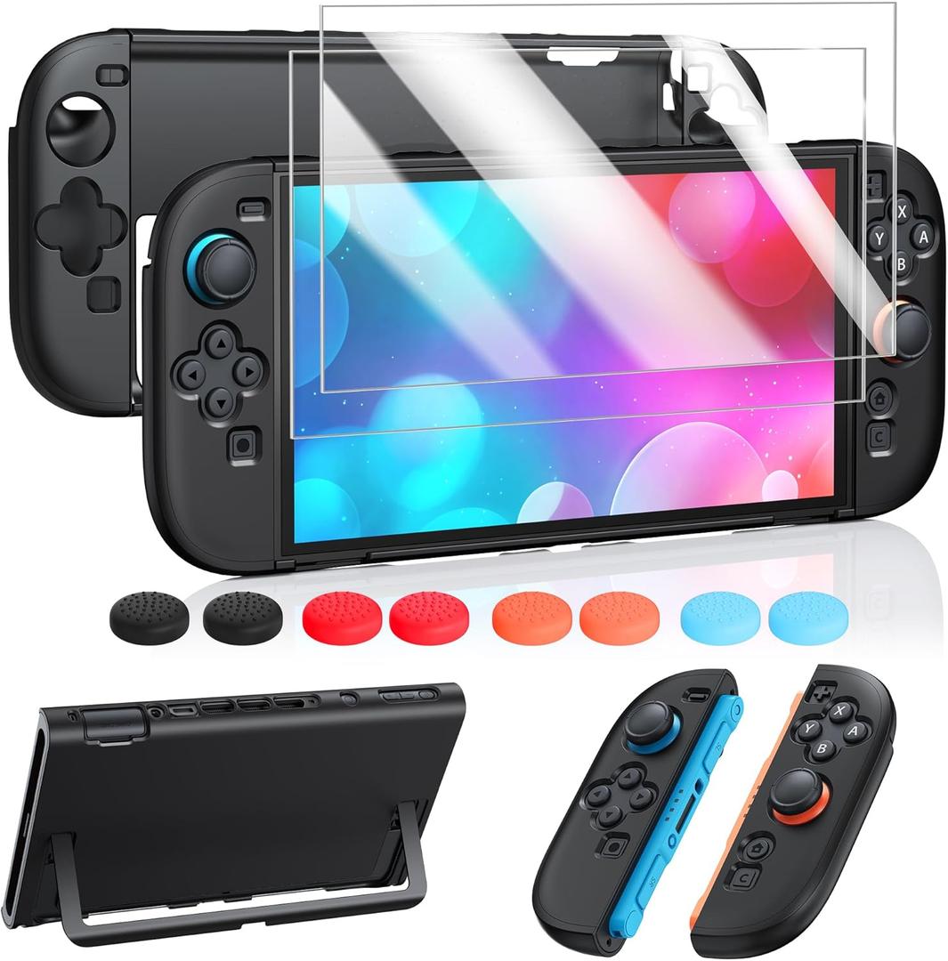 FYOUNG Protective Case for Nintendo Switch 2 2025, Slim Hard Shell for Switch 2 Accessories, Scratch&Shock Protection Cover with Screen Protector, 8 Thumb Grip(Solid Black, Switch 2 7.9inch)