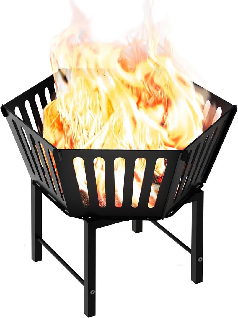22.5 Inch Portable Hexagon Fire Pit with Travel Bag  Heightened Smokeless Design Outdoor Wood Burning Fire Pit for Camping, Backyard, Patio, Bonfire, Picnic and BBQ, Vertical Hollow Style