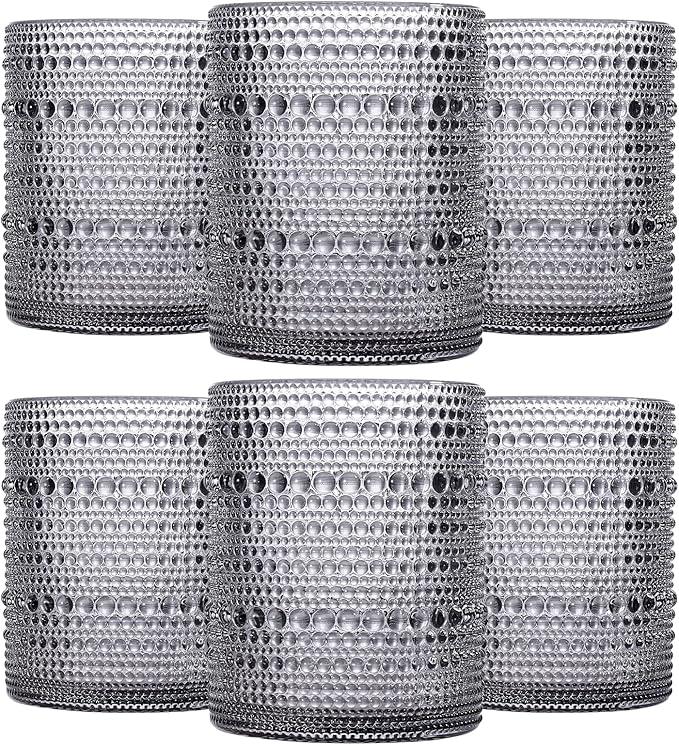 Brown Vintage Hobnail Drinking Glasses Set of 6, Embossed Water Tumbler 12oz, Kitchen & Bar Beaded Glass Cups, Beverage Glass Cups for Water, Beer, Juice, Housewarming and Mother's Day Gift
