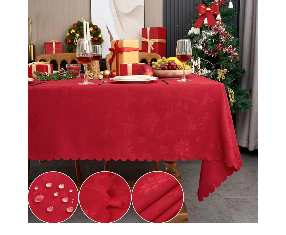 EFFICINATURE New Year Christmas Rectangle Tablecloth Red Jacquard Fabric Table Cloth Waterproof Washable Decorative Soft Table Cover for Kitchen Dinning Buffet Holiday Party (60X84 in)
