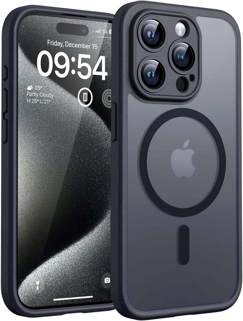 TOCOL Magnetic for iPhone 15 Pro Max Case, Upgraded Full Camera Protection, Compatible with Magsafe, Drop Protection, Translucent Matte Back Bumper Phone Cover 6.7-InchBlack