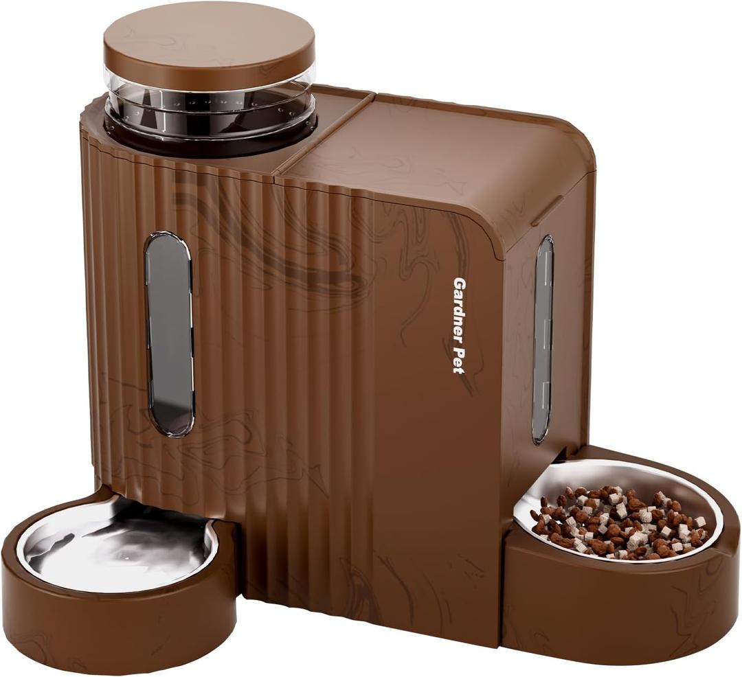 Gardner Pet Gravity Automatic 2-in-1 Pet Feeder, 0.8 Gallons*2 Cat Feeder and Water Dispenser Set, 100% BPA-Free and Stainless Steel Water Bowl for Dogs, Cats, Rabbits, Puppies (Dark Woodgrain)