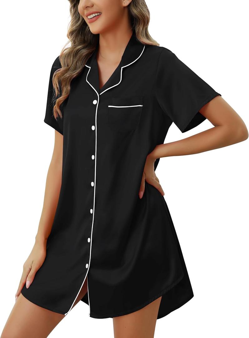 Samring Women's Satin Nightshirt Short/Long Sleeve Button Down Sleepshirt Silk Pajamas Sleep Shirt Nightgown for Women (Pink, M)