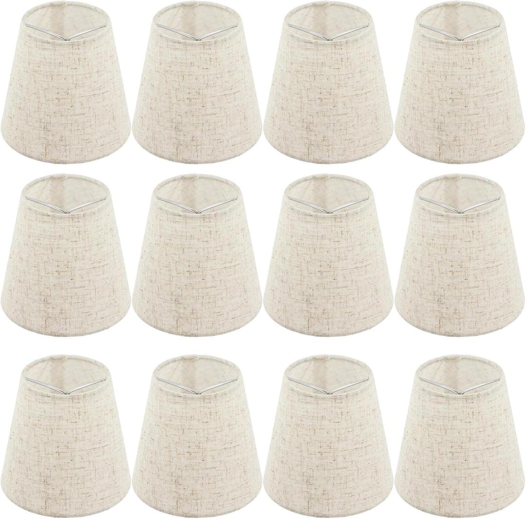 12 PCS Fabric Lamp Shade, Clip-on Fabric Lamp Shade, Traditional Chandelier Candle Bulb Lampshade, Linen Fabric Elegant Lampshade, 3.5" Top x 5.1" Slant Height x 5.5" Bottom