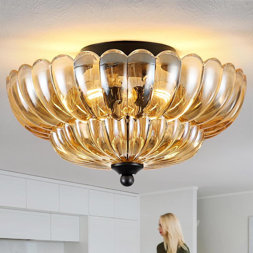 Semi Flush Mount Ceiling Light, Amber Glass Ceiling Light Fixture, 3-Bulb Modern Black Close to Ceiling Light, Vintage Glass Ceiling Lights for Bedroom Kitchen Living Room, Bulb Not Included