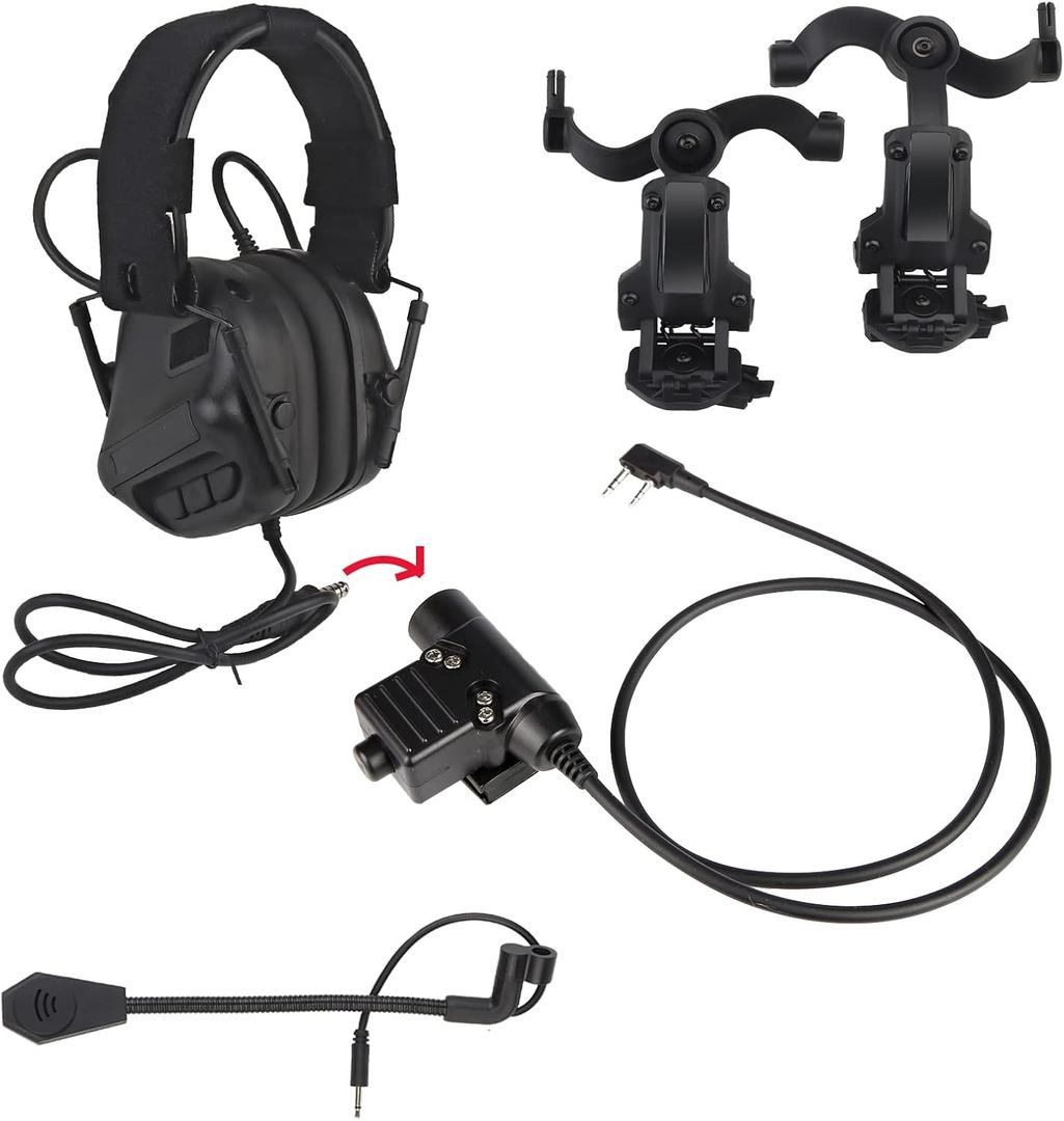 Tactical Shooting Headset + with U94 PTT 2pin with ARC Rail Adapter Noise Reduction & Sound Pickup Ear Protection (Black)