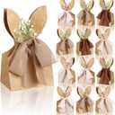 Affrolling 24 Set Boho Bow Easter Bunny Party Favor Bags DIY Bunny Gift Boxes with Neutral Bow Ribbon and Dried Flowers Rustic Paper Rabbit Ears Treat Bags Bulk for Easter Spring (Brown)