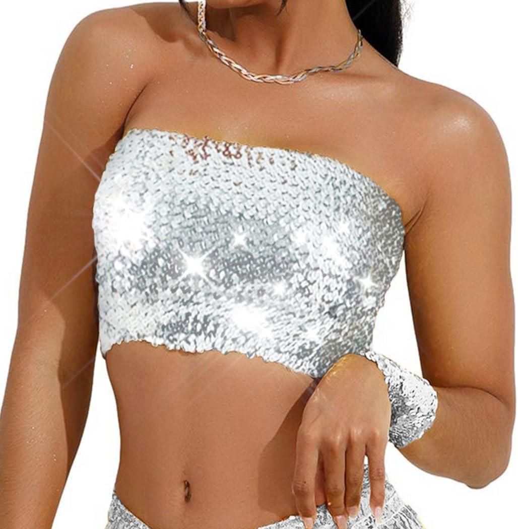 Sparkly Strapless Crop Top Glitter Sequin Tube Top Party Clubwear Top for Women and Girls (Orange)