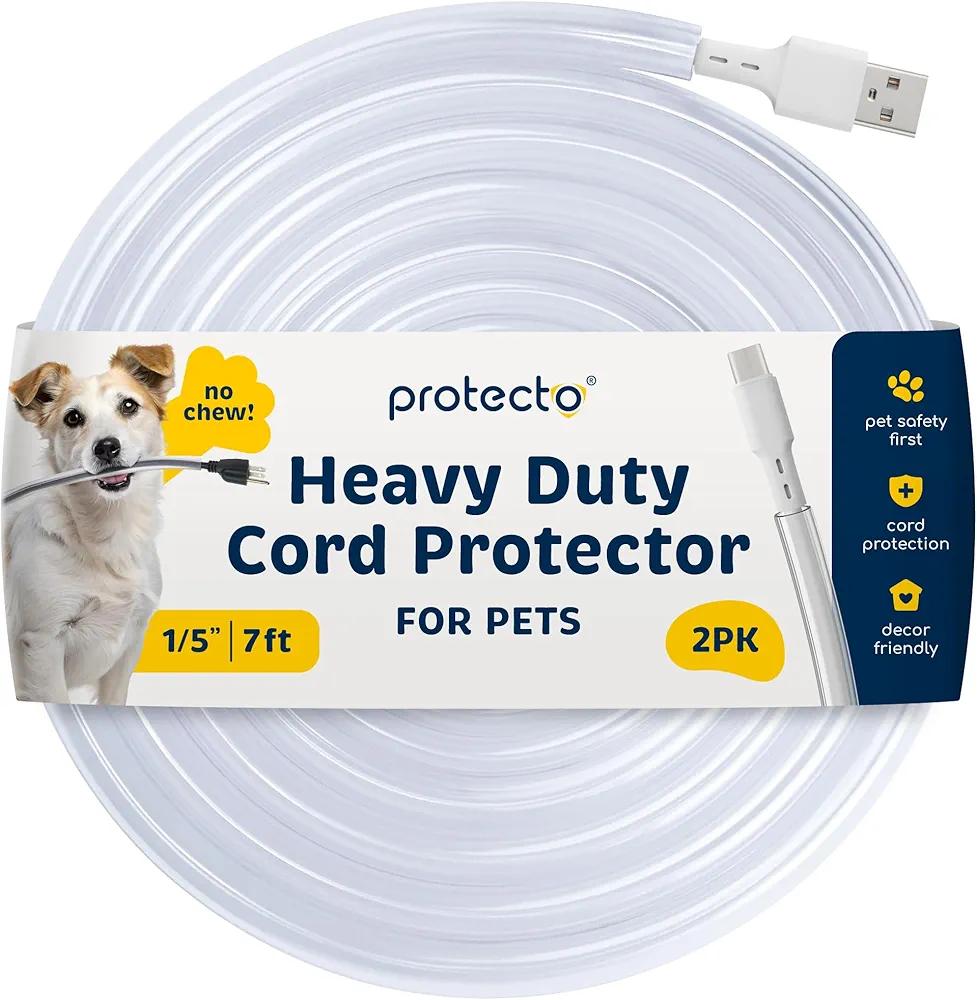 PROTECTO 2-Pack Heavy Duty Cord Protectors from Pets No Chew Solution, 7ft Easy to Use Dog & Cat Cord Protector, Clear & Odorless Critter Cord Covers for Pets, Power Audio Video Wire Protector Tubing
