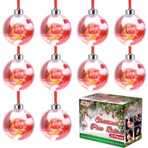 Aneco 10 Pieces Clear Acrylic Photo Ornament Christmas Ball 80mm Hanging Photo Ball Ornaments with Silver Cap and Red Lanyard for Photo Display, Decorating Christmas Trees