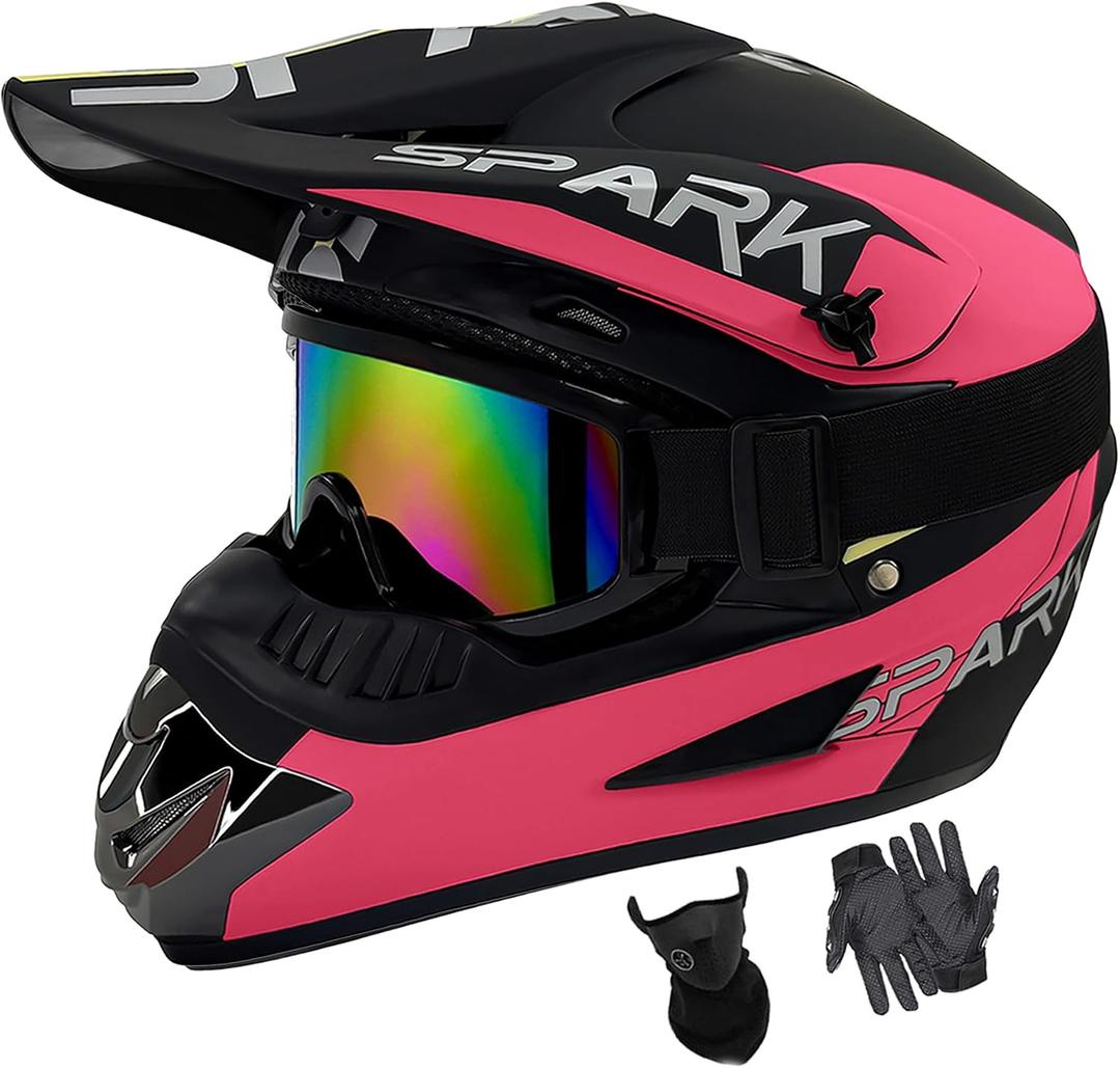 Youth Dirt Bike Helmets DOT Approved Fashion Kids Motocross, ATV, Off-Road, Four Wheelers, BMX Motorcycle Bike Helmets (Goggles Gloves Faceshield) L