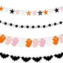 Breling 4 Pcs Halloween Ghost Garland Banner Pink Black White Orange Ghost Bats Pompom Stars Hanging Banners Halloween Party Banner Decorations for Houses Doorways Haunted Indoor Outdoor Home Decor