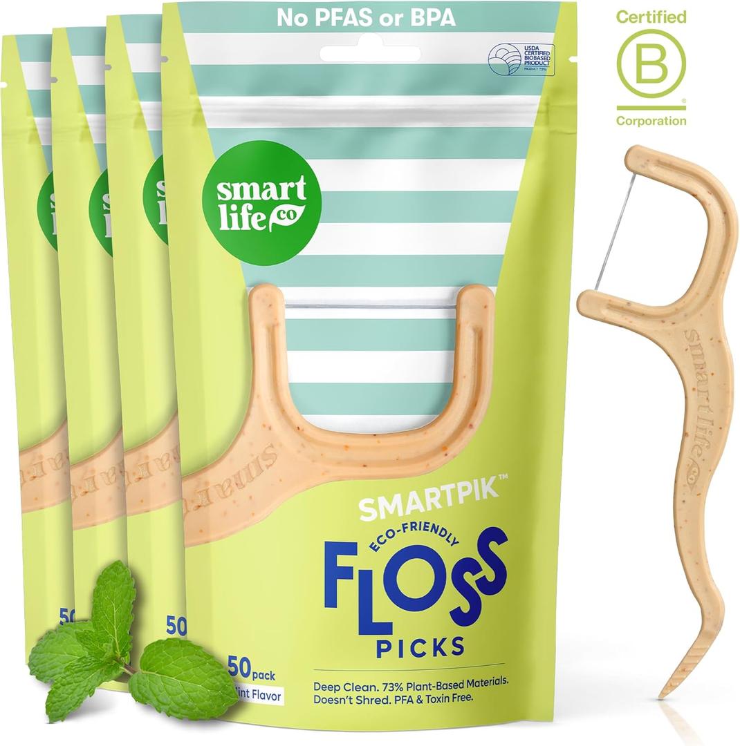 SmartLifeco Eco-Friendly Dental Floss Picks (200ct) - Flossers Made with Straw Wheat Blend, Superior Anti-Shred Thread for Tight Gaps, Tooth Pick Stick for Adults, Soft on Gum & Teeth, Vegan, Mint (1 Count (Pack of 200))