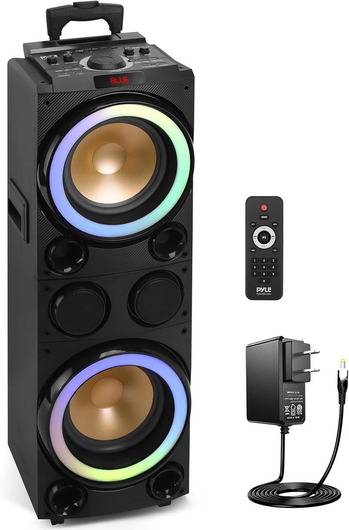 10'' Portable Bluetooth Speaker System - Karaoke Speaker w/LED Lights, USB/Micro SD/FM/BT/Aux/Remote Control/Mic & Guitar Inputs, Built-in Rechargeable Battery w/Wheels & Handle Bar - Pyle PPHD210.5