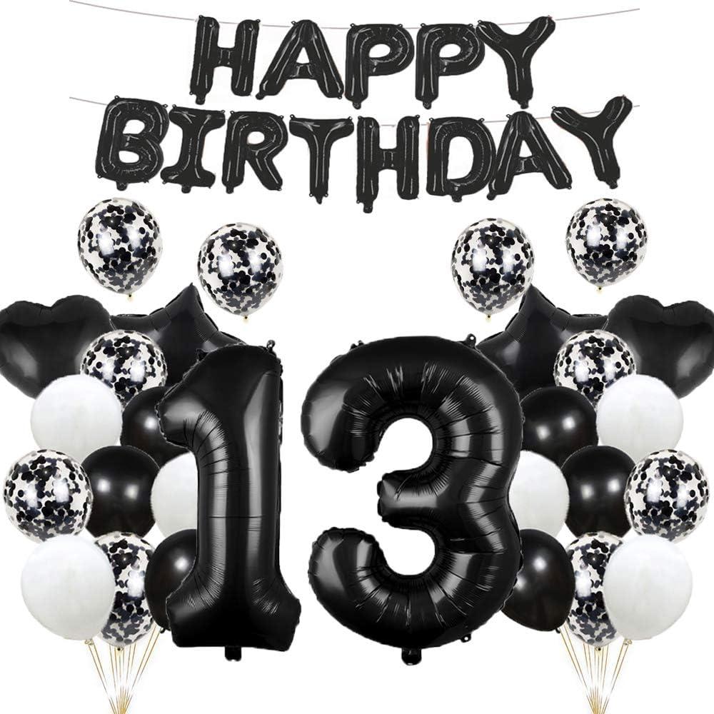 2 x GLZLMM 13th Birthday Balloon 13th Birthday Decorations Black 13 Balloons Happy 13th Birthday Party Supplies Number 13 Foil Mylar Balloons Latex Balloon for Girls,Boys,Women,Men