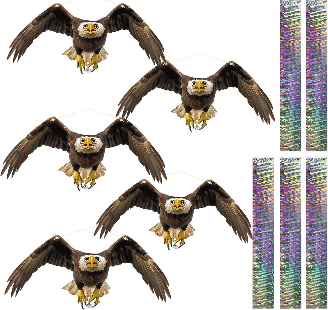 Fake Owl to Keep Woodpecker Away from House 5PCS Flat Garden Owl Woodpecker Scare Devices Hanging Hawk with Reflective Tape Plastic Owl to Scare Pigeon for Balcony Outdoor Porch Patio Roof Windows
