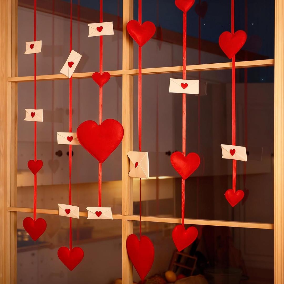 Tegeme 6 Pcs Felt Envelope Heart Garland Decor Red Hearts White Envelopes Sewn on 51 Inch Ribbons Reusable Hanging Strings No DIY Decorations for Window, Door, Fireplace, Party Supplies