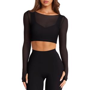 LASLULU Mesh Long Sleeve Crop Tops for Women Double Lined Workout Athletic Gym Shirts Cropped Tops with Built in Bra (Medium, Black)