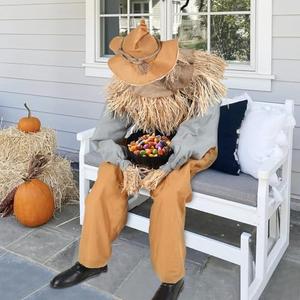 Halloween Decorations- 4Ft Scary Sitting Scarecrow with Spooky Sound Glowing Eyes, Animatronic Scary Props Decor for Home Party Indoor Porch Yard Decoration