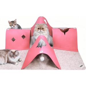 35.4" Large Interactive Felt Cat Activity Play Mat Ripple Style Hide & Seek Tunnel with Hanging Ball, Foldable Snuffle Mat for Indoor Cats, Kittens, Rabbits, Small Pets, Pink