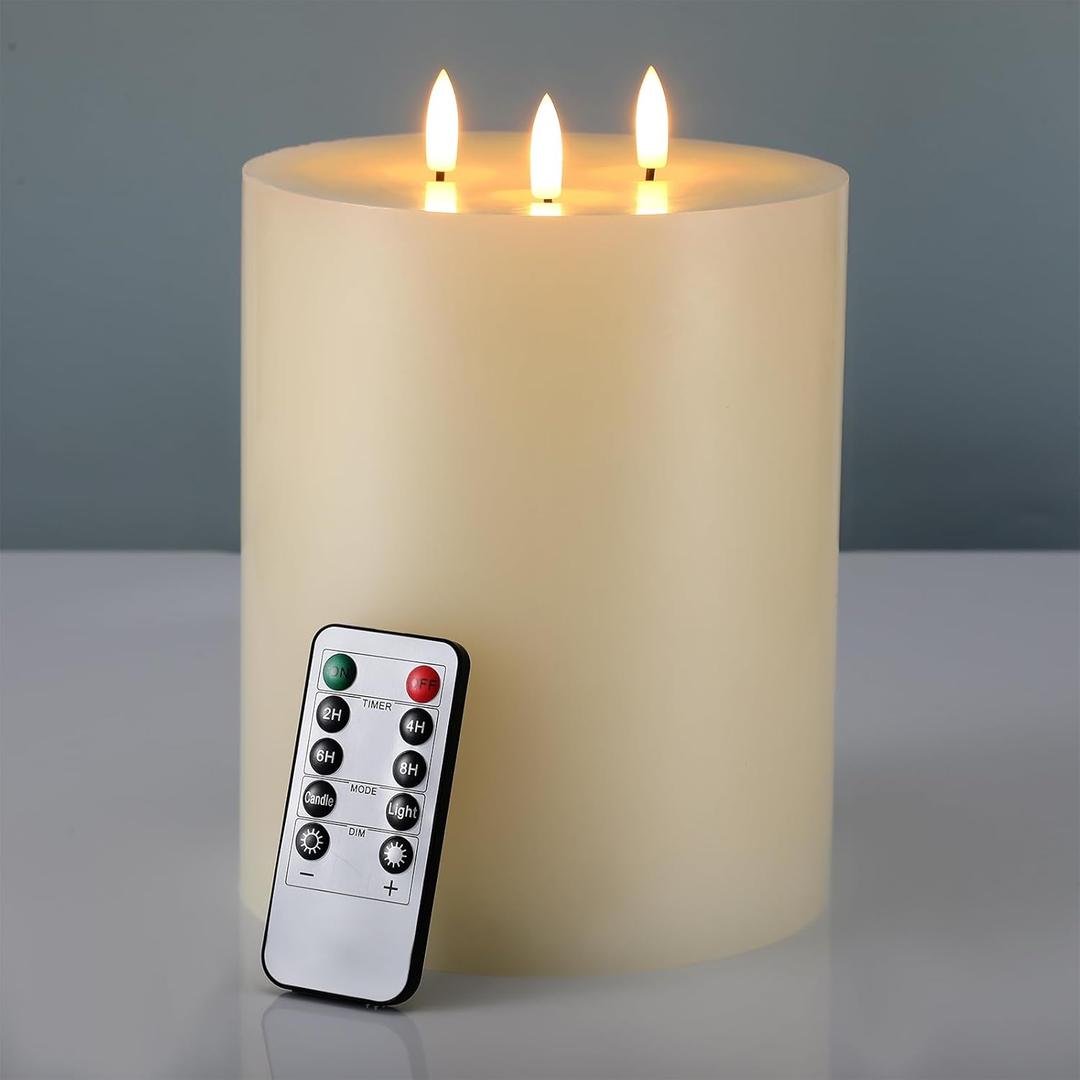 Retisee Extra Large Flameless Candles LED Battery Operated Real Wax 3 Wicks Flickering Pillar Candle with Remote Control Timer for Home Wedding Christmas Party Decoration (Ivory, 6'' X 8'')