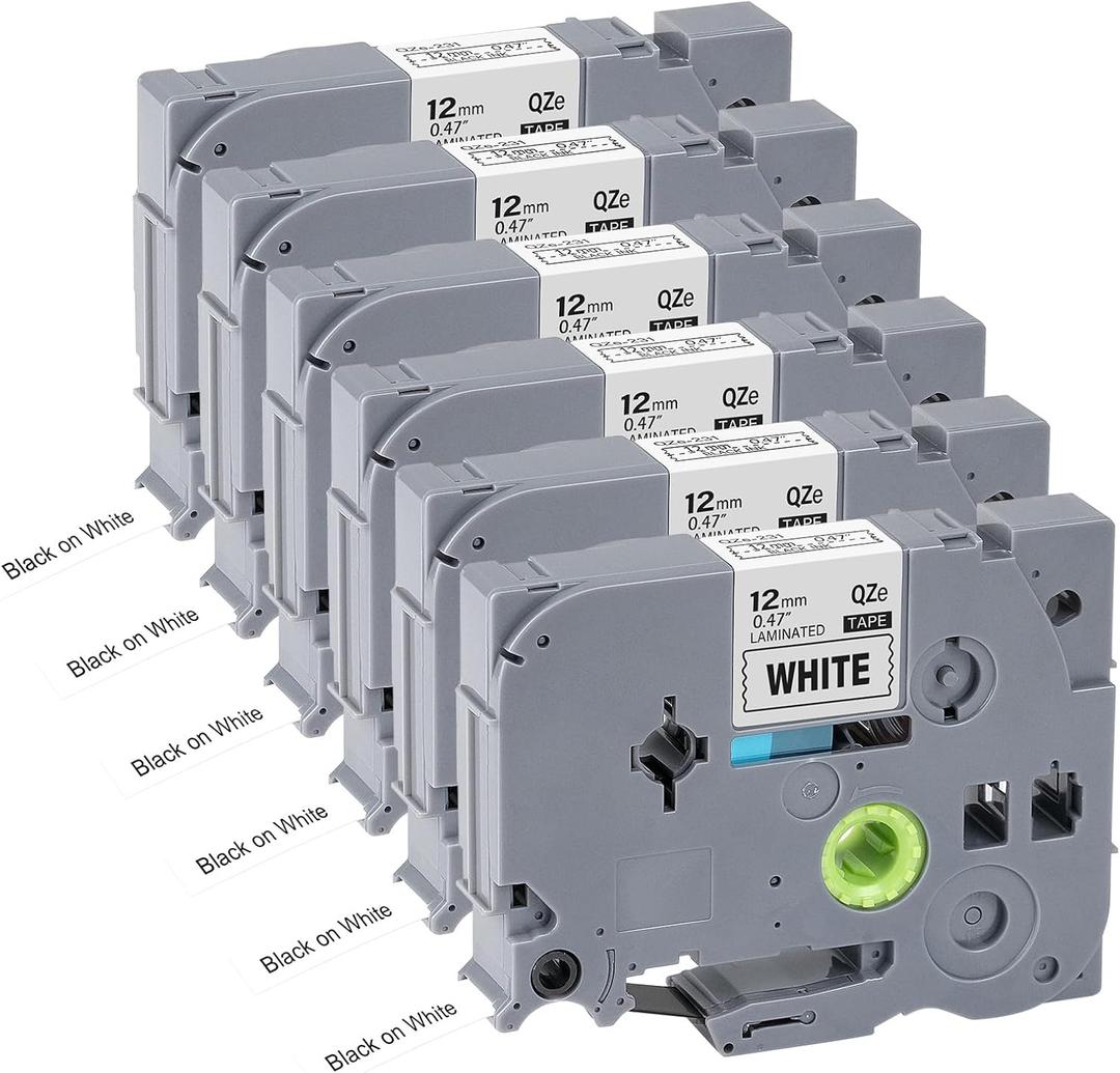 6pack 12mm 0.47'' TZe TZ Tape Laminated White Label Maker Tape Replacement for Brother P Touch Label Tape TZe-231 TZe231 Compatible with Brother PT-D210 PT-D220 PT-H110 PT-D410 PT-P710BT (Black on White)