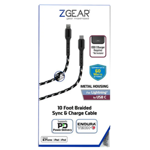 Zgear MFi Lightning/C Fast Charge Braided Cable with EnduraTech, 10ft