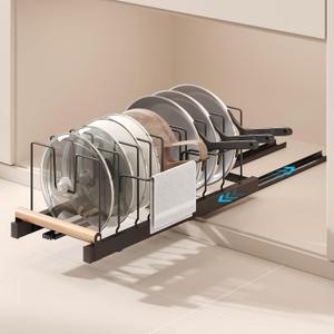 Pull Out Pots and Pans Organizer Under Cabinet, 22" Deep Expandable Pot Lid Organizer and Storage with 10 Adjustable Dividers Adhesive Pot and Pan Holder Rack with Handle Bracket(1 Pack,Black)