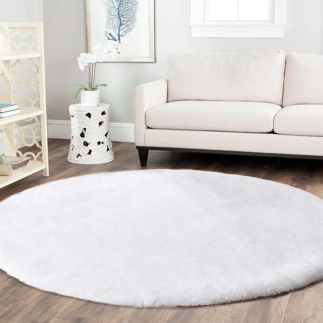 Latepis Round Furry White Circle Rug 5ft for Living Room, Bedroom, Nursery & Dorm - Machine Washable, Fluffy Faux Rabbit Fur Plush Shag
