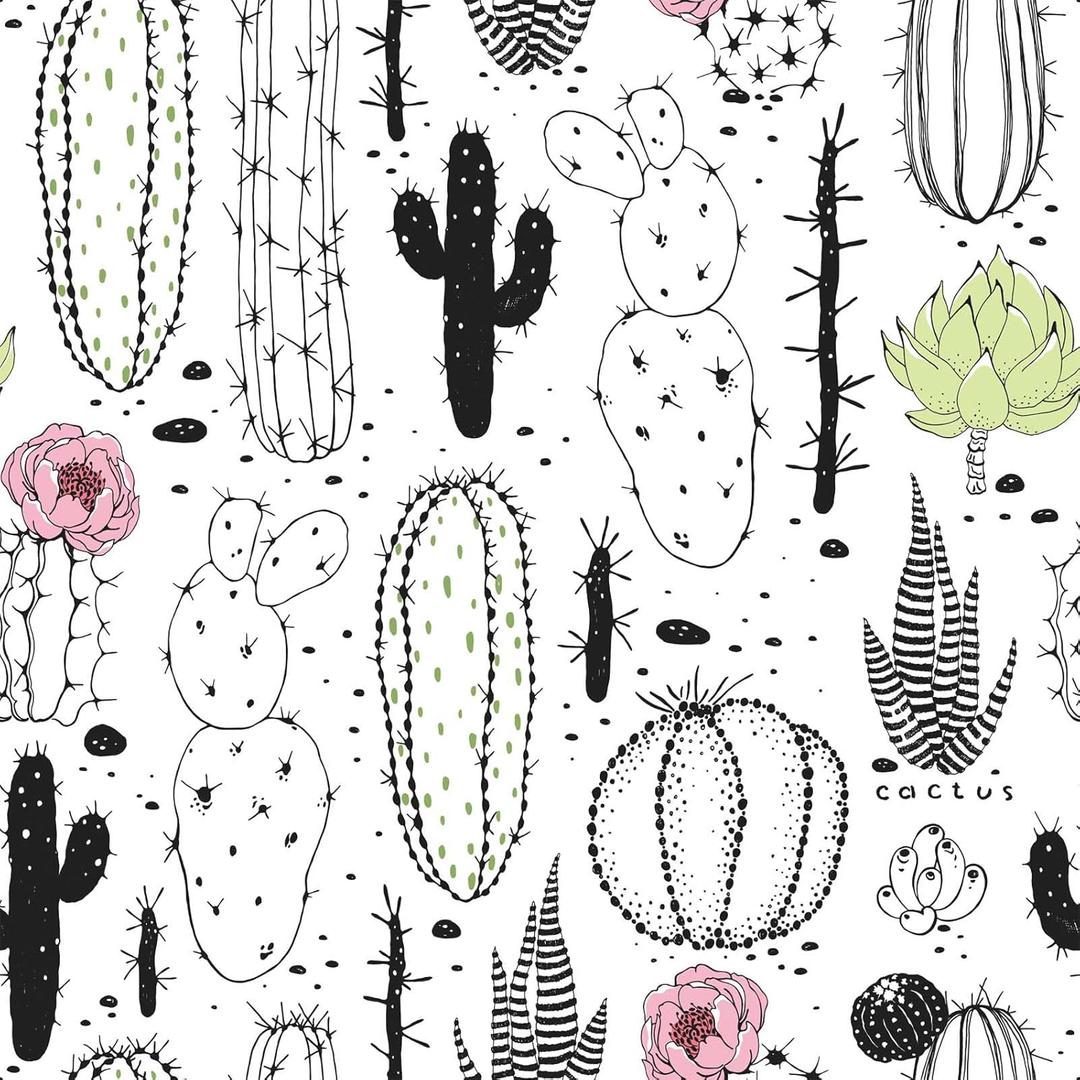 Cactus/Succulents Wallpaper Peel and Stick, Black and White Modern Wallpaper for Home Decor, 17.7in x 236in
