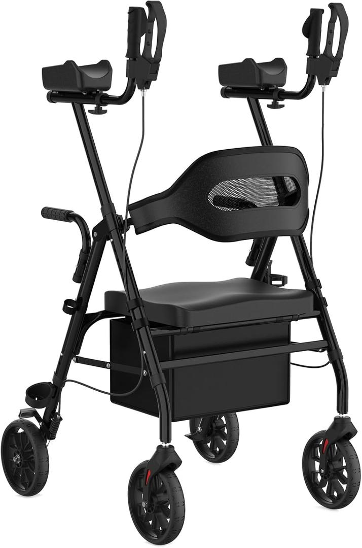 Upright Rollator Walker, Heavy Duty Stand Up Walkers for Seniors with Seat and Reversible Backrest, Foldable Standing Rollator with 8" Anti-Slip PU Wheels, Black