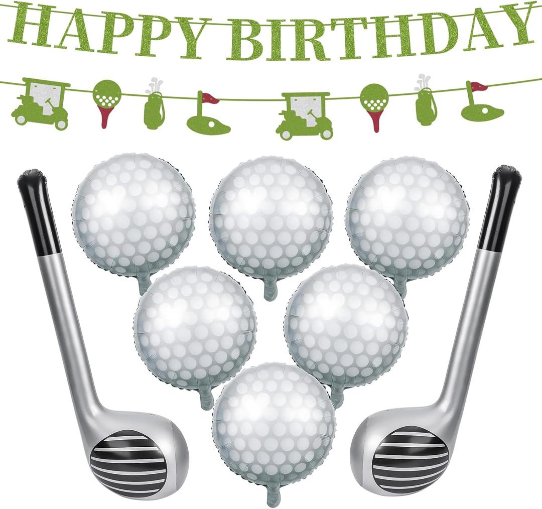 Golf Birthday Decorations - 6 Pcs Golf Balloons & 2 Pcs Inflatable Golf Clubs & 2Pcs Golf Banner,Sport Themed Golf Party Decorations for Birthday Retirement Baby Shower
