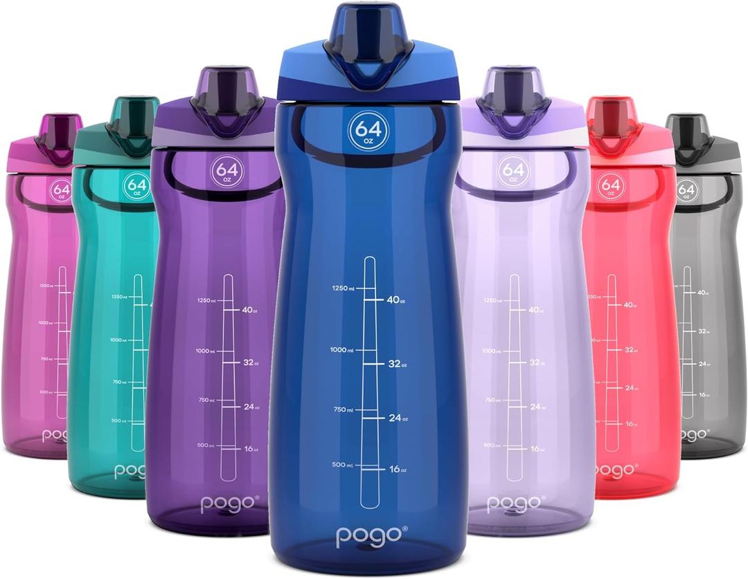 Pogo 64oz Plastic Water Bottle with Leak-Proof Chug Lid and Carry Handle, Reusable, BPA Free, Capacity Markings, Dishwasher Safe, Perfect for Travel, School, Outdoors, and Gym, Blue