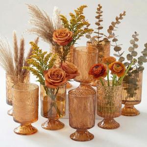 9 Set (H:7 Inch W:4 Inch) Flower Crystal Glass Vases Embossed Pedestal Vases for Centerpieces Hydroponic Glass Transparent Bottle for Home Office Wedding Dining Table Party (Amber)