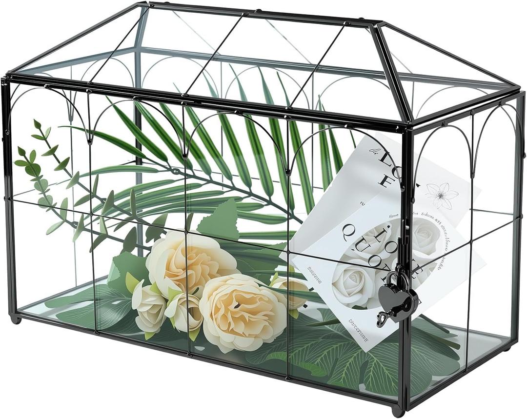 Glass Card Box with Slot, Large Black Clear Card Box for Wedding Receptions - Home Birthdays Party Geometric Decorative, 12.59" x 5.9" x 9.05"