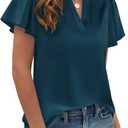 PRETTYGARDEN Women's 2026 Summer Satin Blouses Dressy Casual Ruffle Cap Sleeve V Neck Business Work Cute Tops Spring Outfits (Dark Blue)