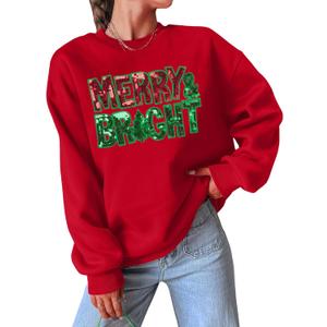 Christmas Sweatshirts for Women Merry and Bright Sweatshirt Sequin Merry Christmas Shirt Xmas Holiday Pullover Tops (Red, XXL)