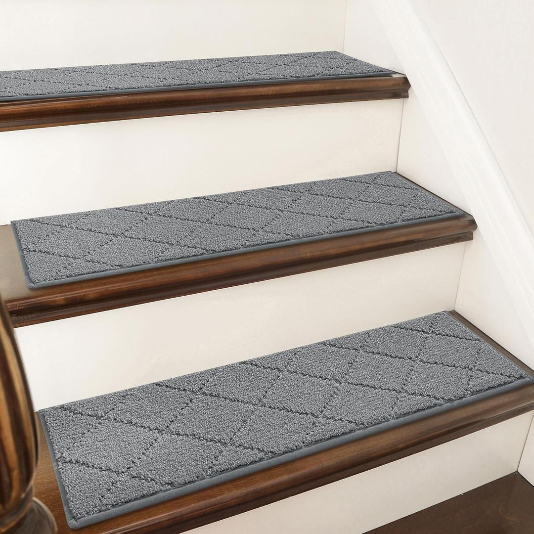 COSY HOMEER Stair Treads for Wooden Steps 9"x28" Washable Indoor Carpet Stair Treads Non Slip Soft Polyester Stair Carpet Tread Reusable Stair Runner Rugs for Kids, Elders,Pets,Medium Grey,15pcs